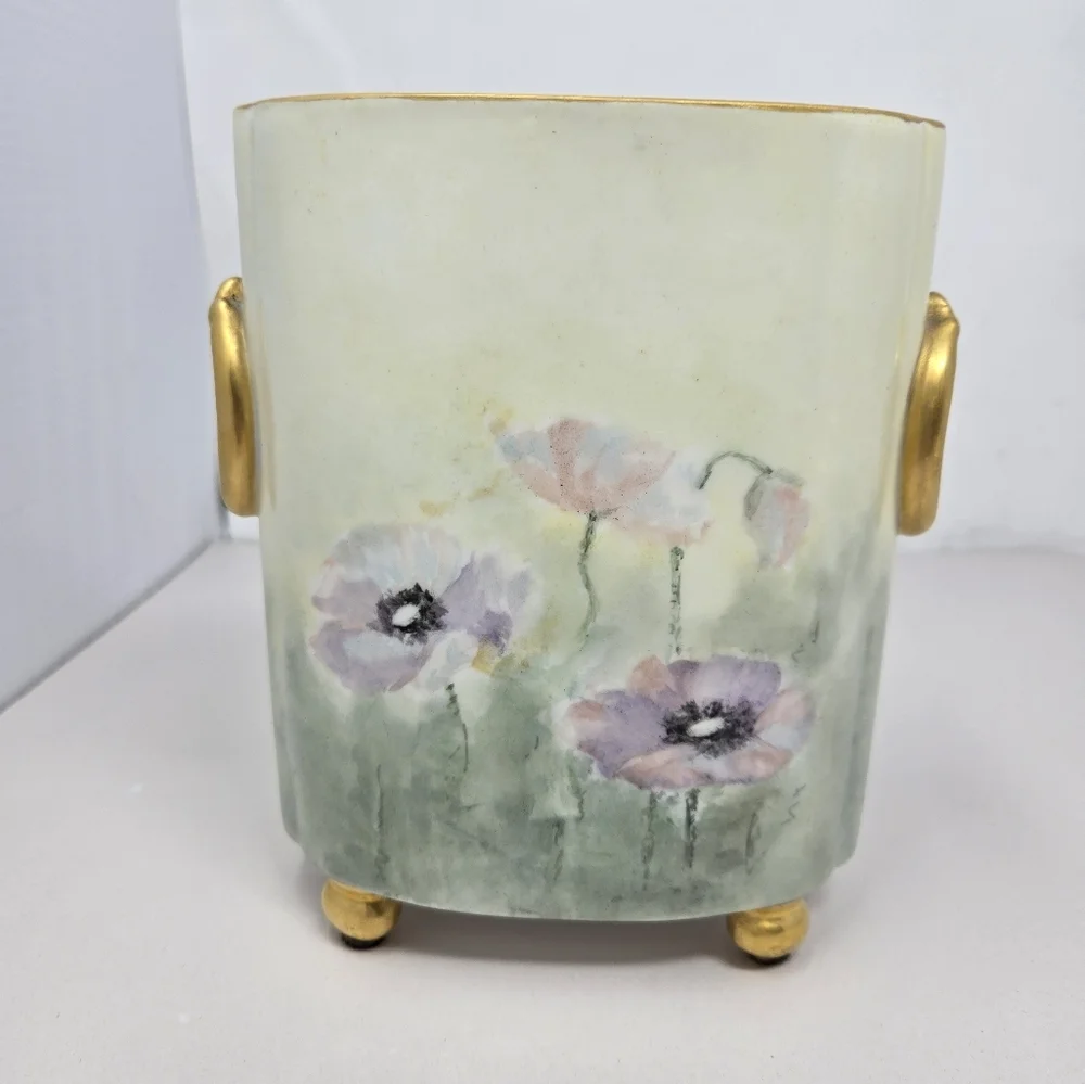 Antique Beauty Limoges Hand-painted Poppy Flower With Gold Accent Cachepot Vase